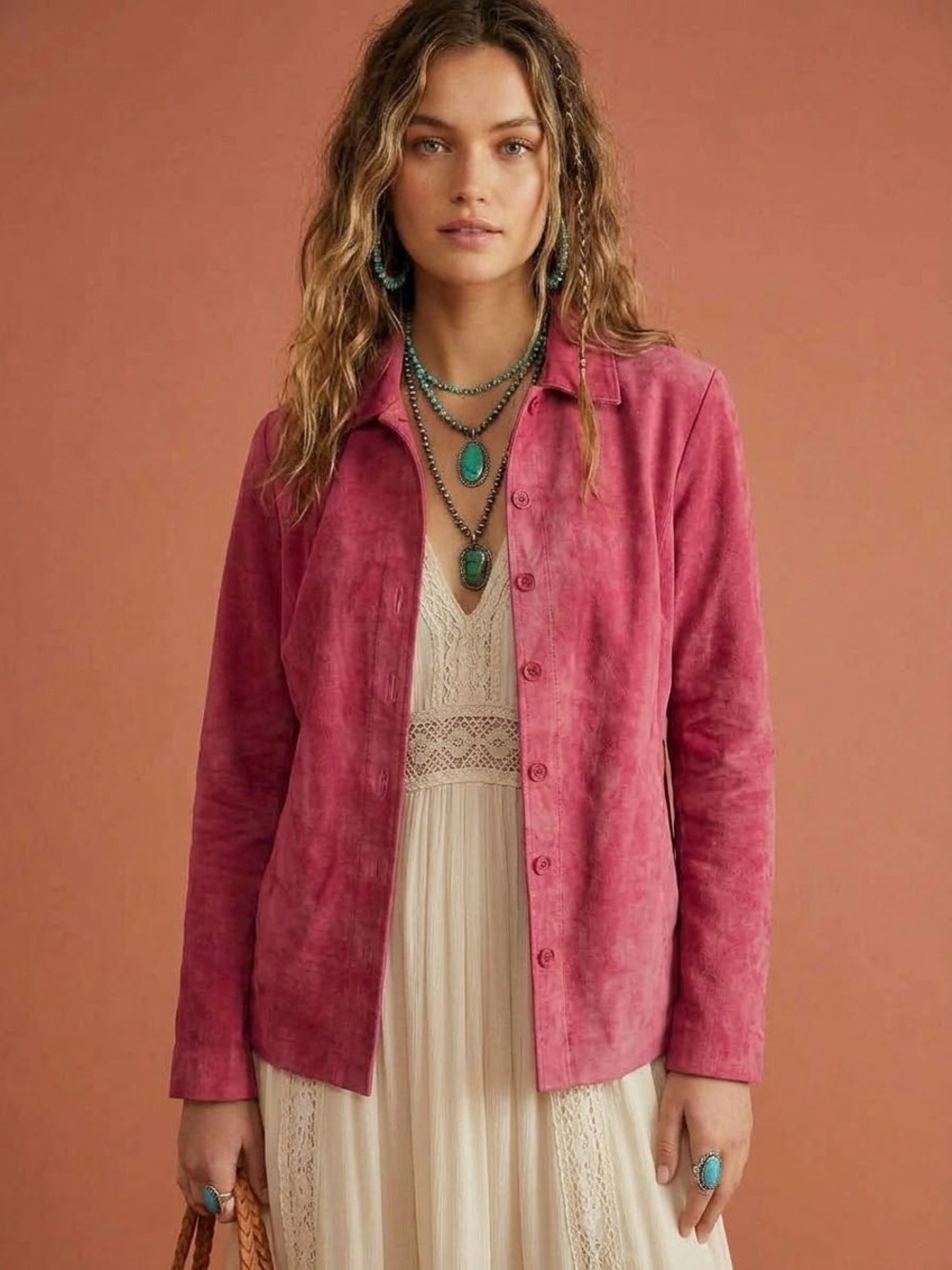 Vintage 90s Revue Hot Pink Suede Leather Button Up Jacket Women’s Size 4 Y2K